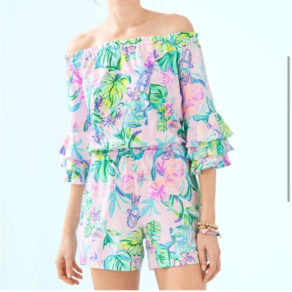 Lilly Pulitzer Calla Off the Shoulder Romper in Mermaids Under the‎ Shade - Picture 1 of 7